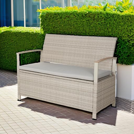 Grand patio Outdoor Storage Bench Deck Box with Olefin Cushion, Wicker Deck Box with Water Resistant Bag, Outdoor Seating for Front Porch, Store Garden Tools and Pool Storage (Warm Gray)