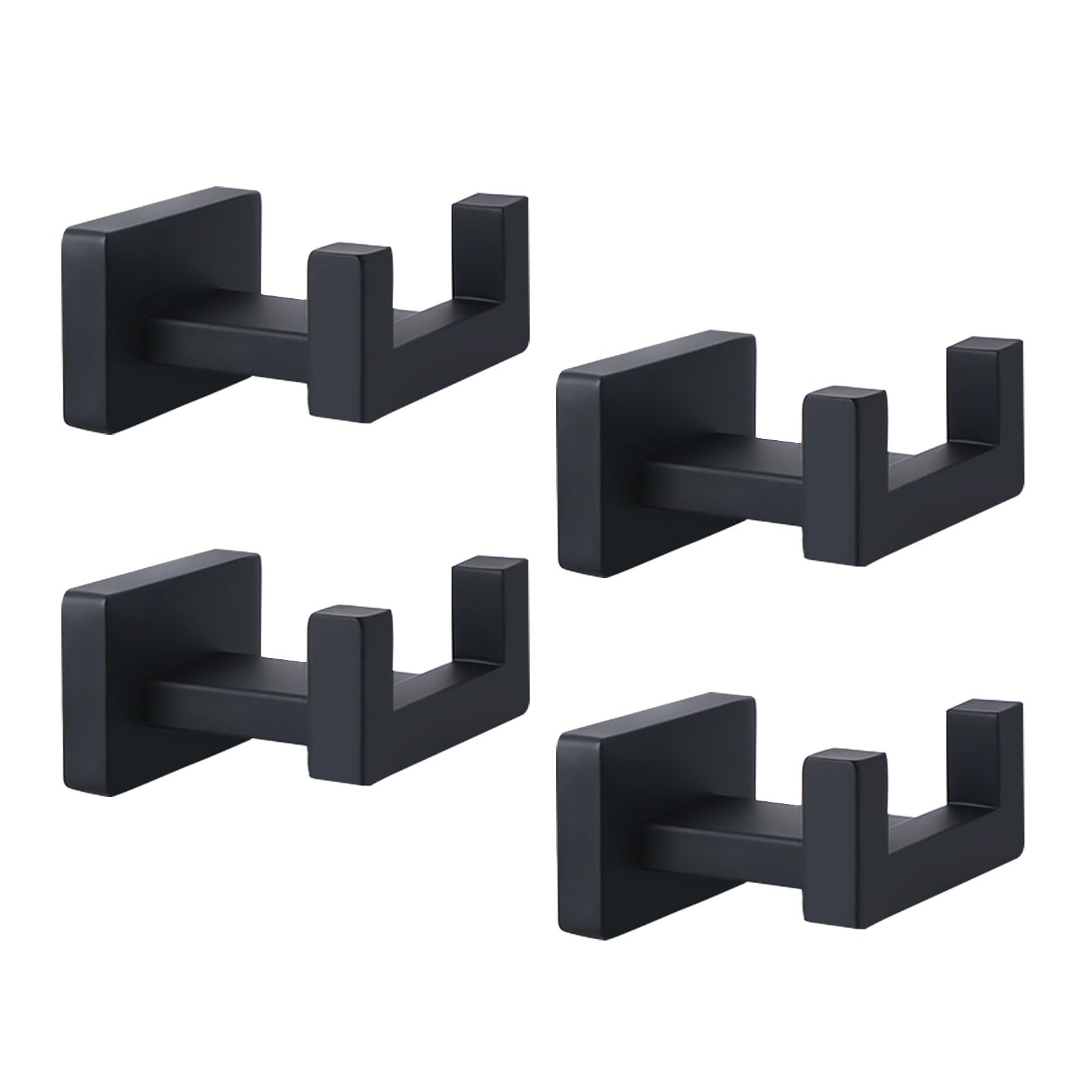 4 Pack Bath Double Towel Hook, 304 Stainless Steel Square Matte Black Coat & Robe Hook, Wall Mounted Heavy Duty and Rustproof Double Coat Hook for Robe, Bath Towel, Coat