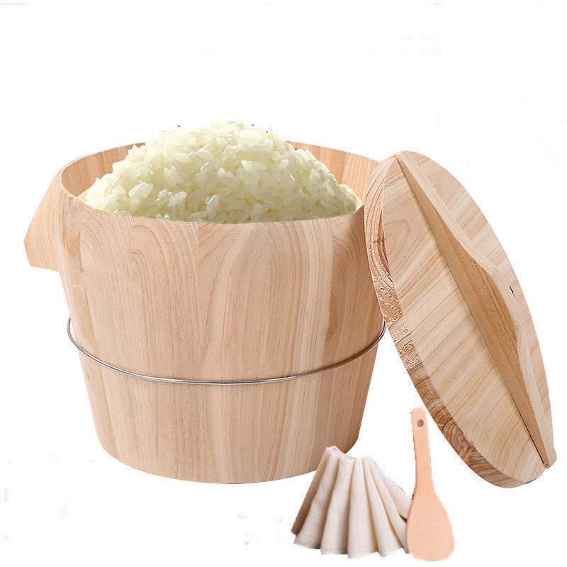 Wooden bucket steamer,cooking rice in wooden barrel, suitable for home and commercial use. Ideal for steaming sticky rice, rice, and steamed buns (30CM)