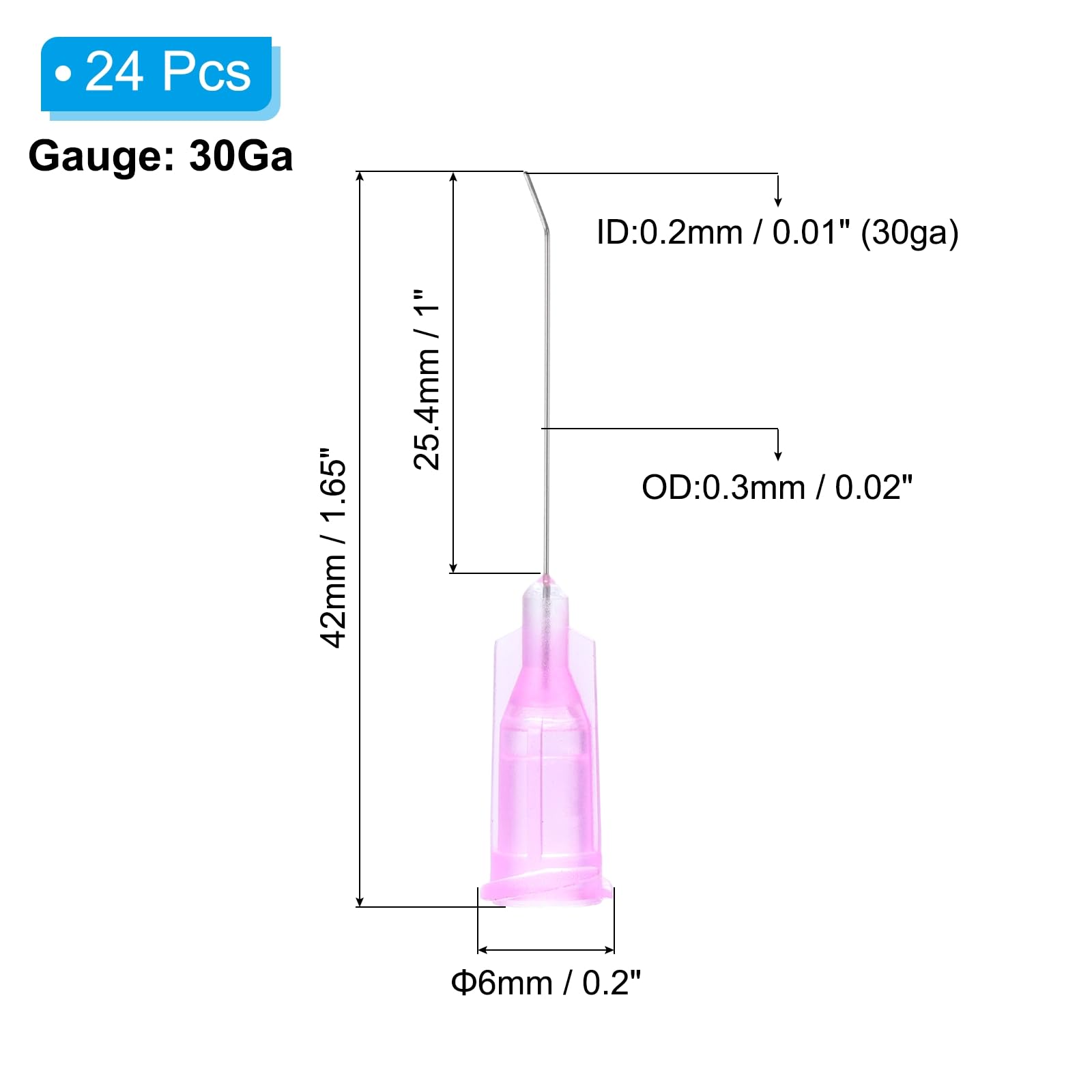 PATIKIL 30Ga x 1 Inch Dispensing Needle Tips, 24Pcs Stainless Steel 45 Degrees Pre Bent Glue Needle Tube Blunt Tips with Luer Lock for Glue Oil Applicator, Purple