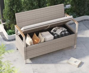 grand patio outdoor storage bench deck box with olefin cushion, wicker deck box with water resistant bag, outdoor seating for front porch, store garden tools and pool storage (warm gray)