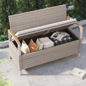 Grand patio Outdoor Storage Bench Deck Box with Olefin Cushion, Wicker Deck Box with Water Resistant Bag, Outdoor Seating for Front Porch, Store Garden Tools and Pool Storage (Warm Gray)