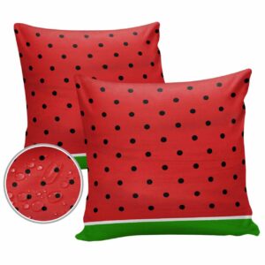 Lsrtoss Watermelon Outdoor Waterproof Pillow Covers, Black Polka Dots Green Summer Fruits Decorative Square Throw Pillowcase Sofa Cushion Sham for Patio/Couch/Chair, 18""x18"" 2 Pack, Summersrs49779