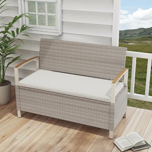 Grand patio Outdoor Storage Bench Deck Box with Olefin Cushion, Wicker Deck Box with Water Resistant Bag, Outdoor Seating for Front Porch, Store Garden Tools and Pool Storage (Warm Gray)