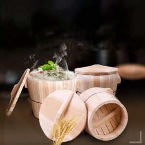 Wooden bucket steamer,cooking rice in wooden barrel, suitable for home and commercial use. Ideal for steaming sticky rice, rice, and steamed buns (30CM)