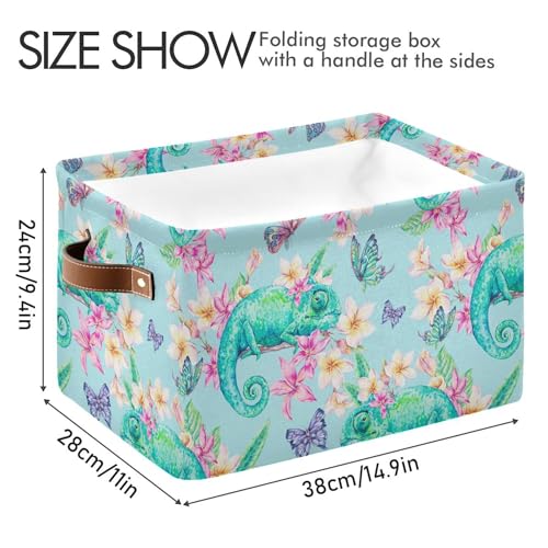 xigua Green Chameleon Storage Basket Foldable Storage Bin, Canvas Rectangular Storage Basket with Leather Handles for Home Closet & Office Decoration