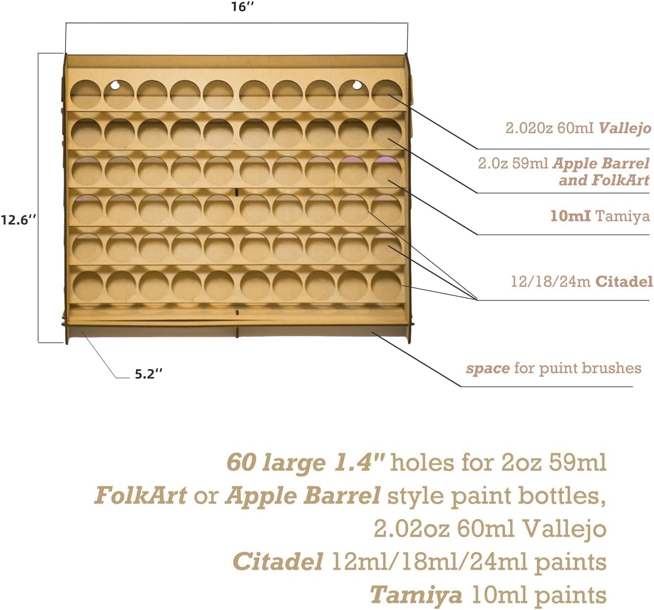 Craft Paint Storage-Paint Rack for Citadel Paint - 2Oz Paint Organizer with 60 Holes - Wall-Mounted Acrylic Paint Storage Rack