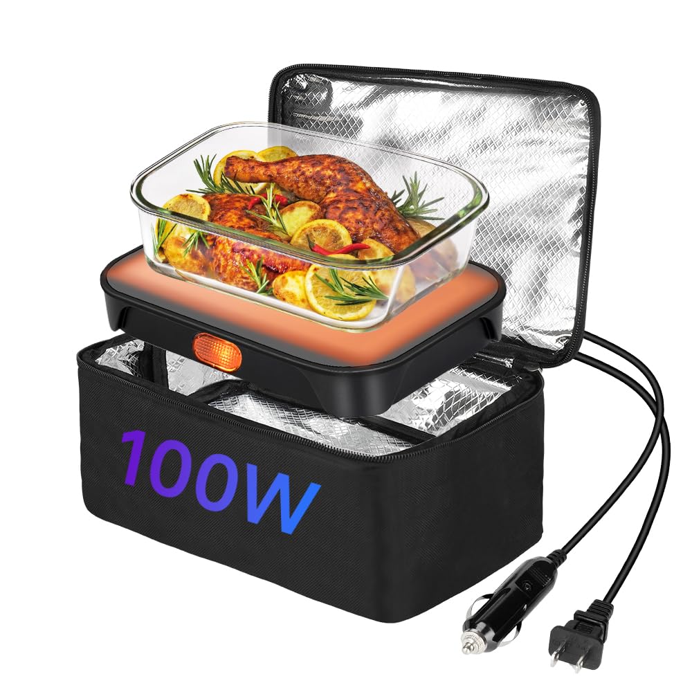 IXIIE Protable Oven Food Warmer 100W, 12V/24V/110V Electric Lunch Box for Adults, Personal Microwave for Heating and Cooking Meals on Office/Travel/Car/Truck/Hotel/Home/workplace