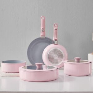 Vkoocy Pink Non Stick Pot and Pan Sets with Removable Handle, Ceramic Cookware Set Detachable Handle, Induction Kitchen Camping Stackable Pots Pans, Dishwasher/Oven Safe, PTFE/PFOA/PFOS Free