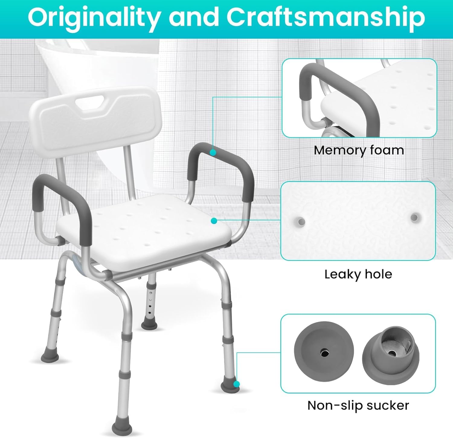 360 ° Swivel Shower Chair,Swivel Seat Shower Stool,Portable Shower Chair with Adjustable Height,Shower Chair with Arms and Back,for Elderly,Handicap & Seniors up to 340LBS (360 ° Swivel)