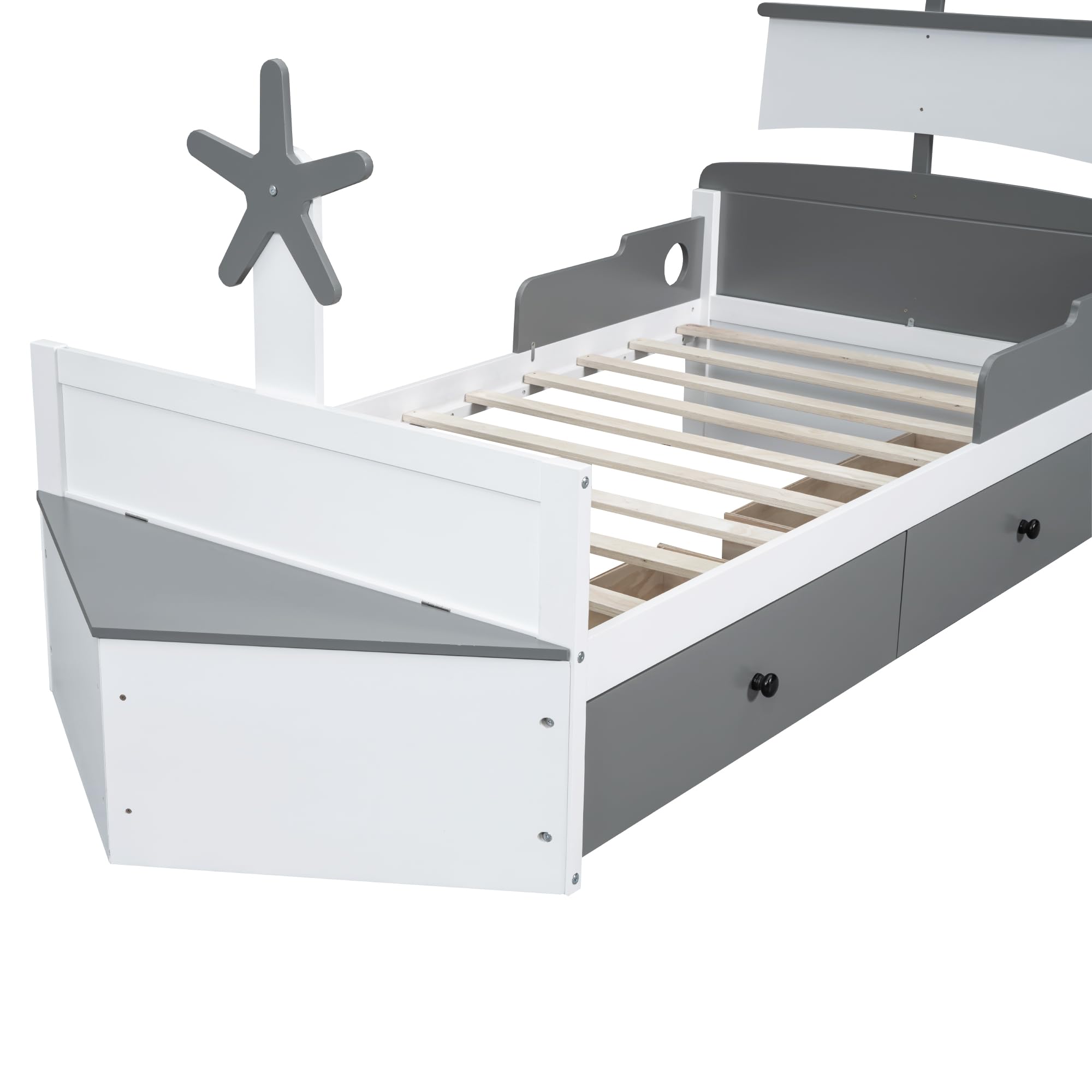 Merax Kids Cute Boat-Shaped Platform Beds Frame with Drawers, Wood Low Daybed with Ottoman for Boys,Girls, No Box Spring Need (Twin, White+Gray)