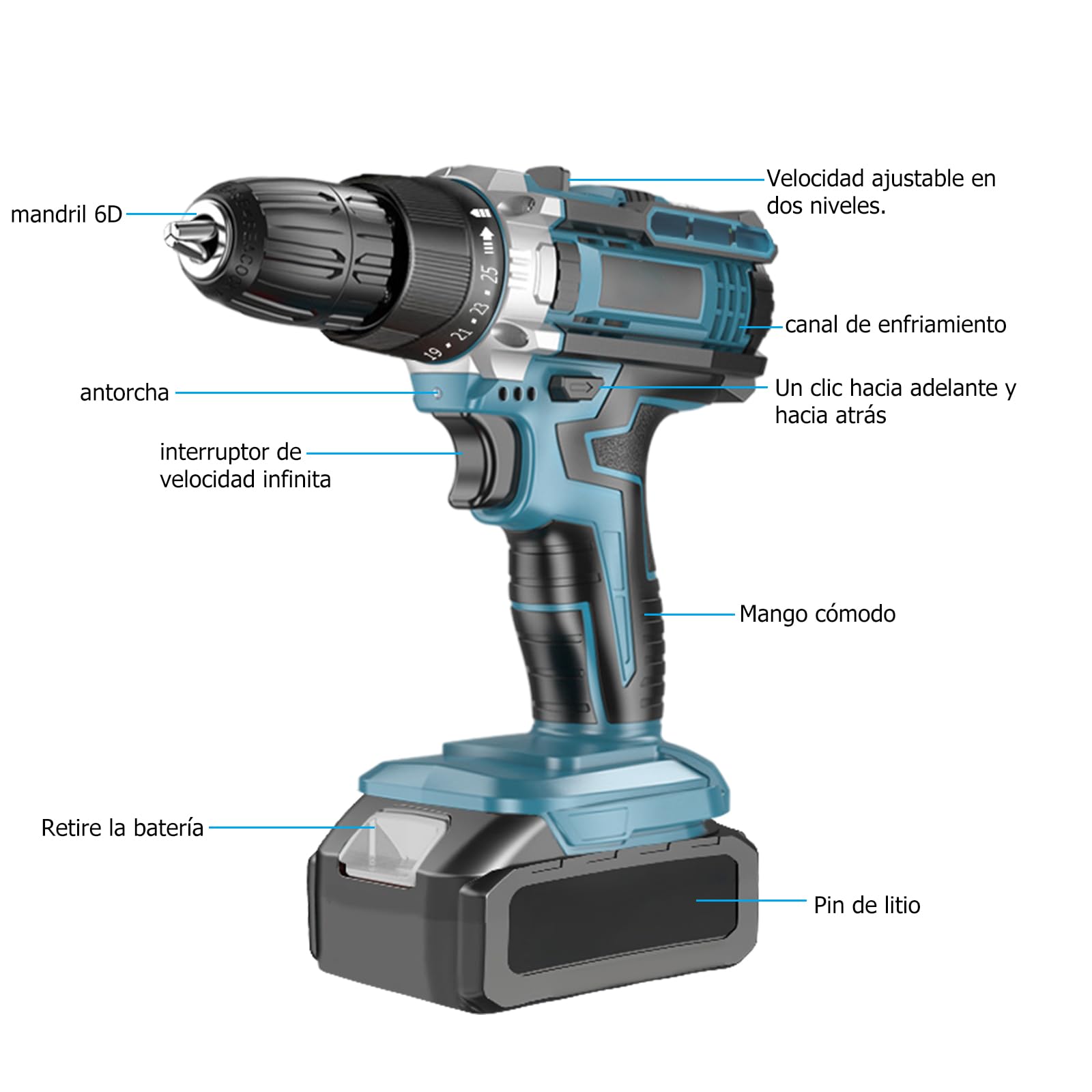 DEWIN Cordless Power Drill Set, 21V Electric Drill with Battery and Charger, 2 Variable Speed, 24 piece tool Portable Drill With tool box blue