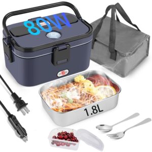 ixiie electric lunch box food warmer heater for adults 80w, 1.8l portable upgraded heated lunch box for truck/car/office/home,with 0.45l compartment fork & spoon and insulated carry bag