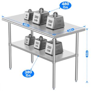 Atronor Stainless Steel Table for Prep & Work 48 x 24 Inches, NSF Metal Commercial Heavy Duty Table with Adjustable Under Shelf and Foot for Restaurant, Home and Hotel (24x48in)