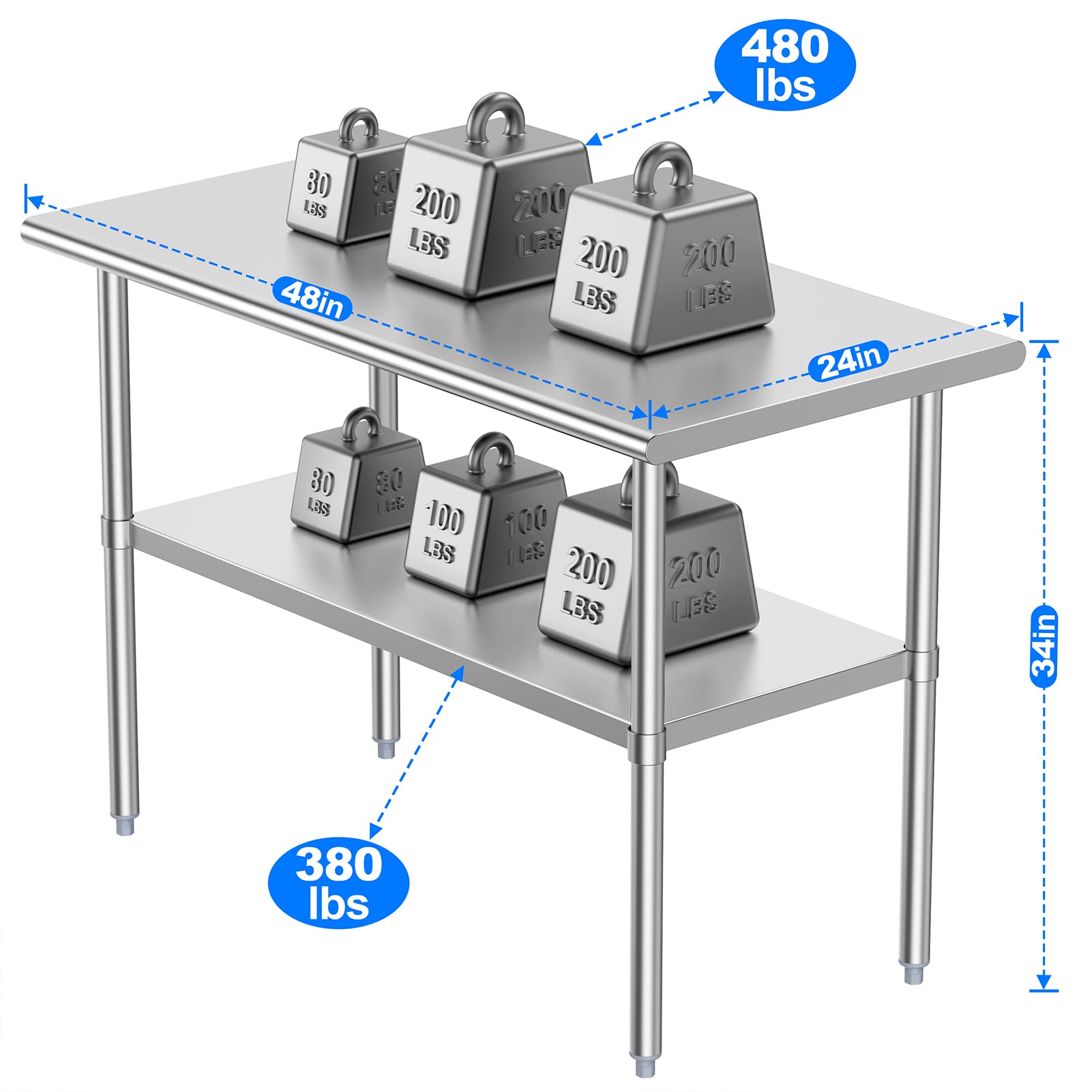 Atronor Stainless Steel Table for Prep & Work 48 x 24 Inches, NSF Metal Commercial Heavy Duty Table with Adjustable Under Shelf and Foot for Restaurant, Home and Hotel (24x48in)