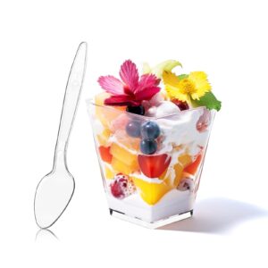 legredic 50 pack 5 oz square dessert cups with spoons, clear plastic parfait cups for party, mini serving shooter appetizer cups, dessert shot glasses for tasting samples fruit ice cream