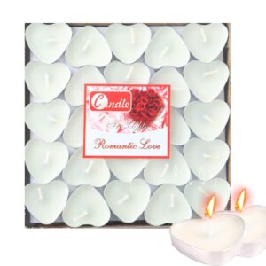 heart shaped tealight candles 50 packs,25 * 2 layers romantic love unscented mokeless for dinner home wedding (white)