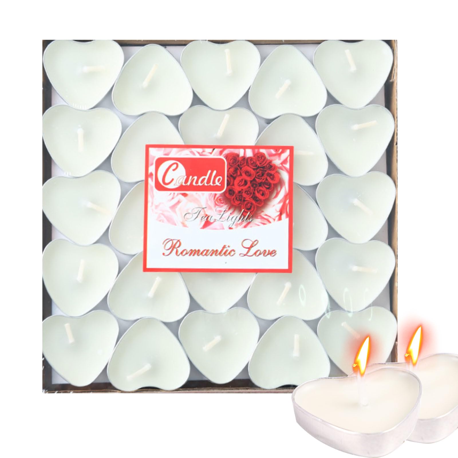 Heart Shaped Tealight Candles 50 Packs,25 * 2 Layers Romantic Love Unscented mokeless for Dinner Home Wedding (White)