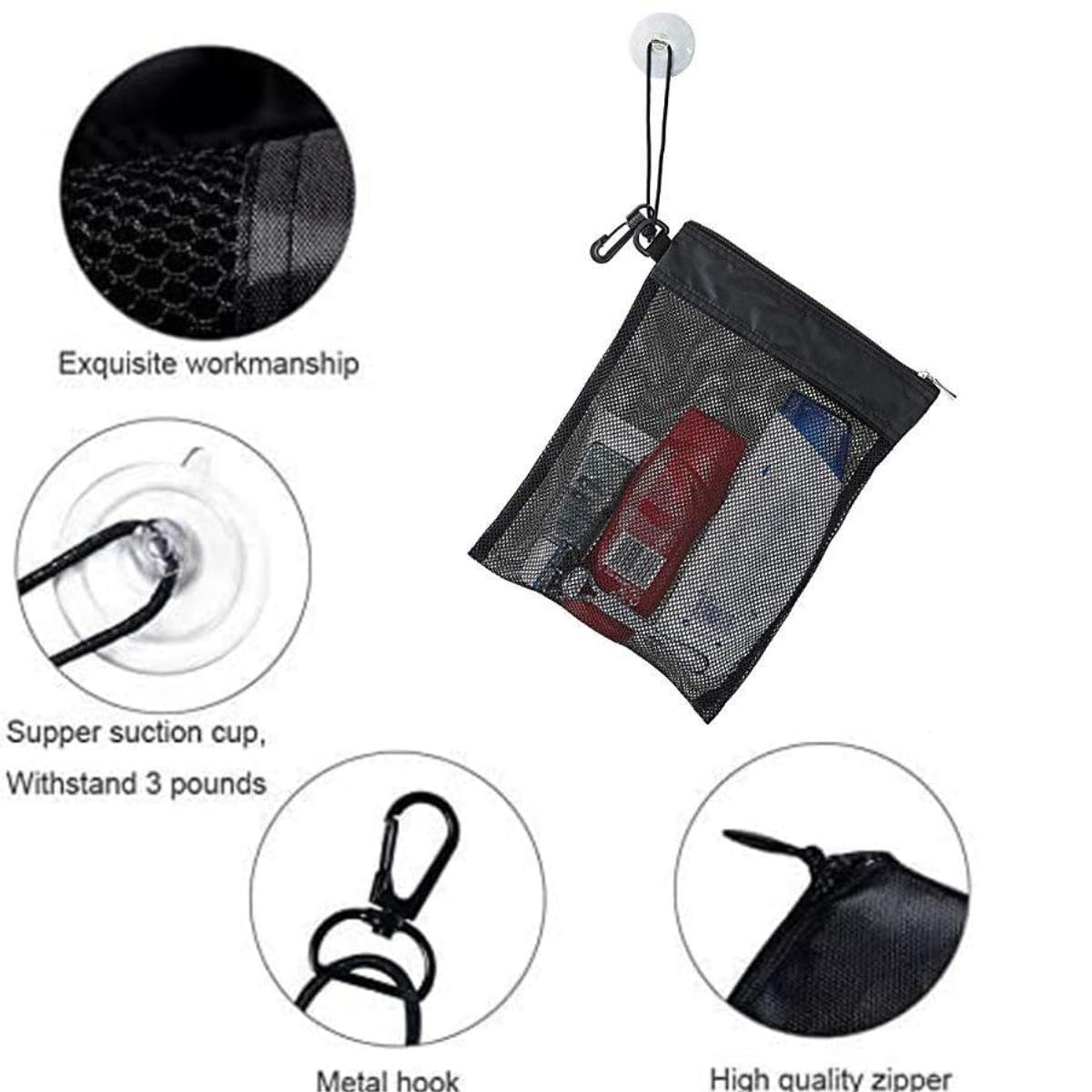 VUFVOID Shower Bag Tote, Mesh Shower Bag ，Portable Organizer, Compact and Lightweight With Suction Cup, Cord for Hanging, Zipper and Drawstring Pouch(12”L x 9”W, 14”L x 10”W)