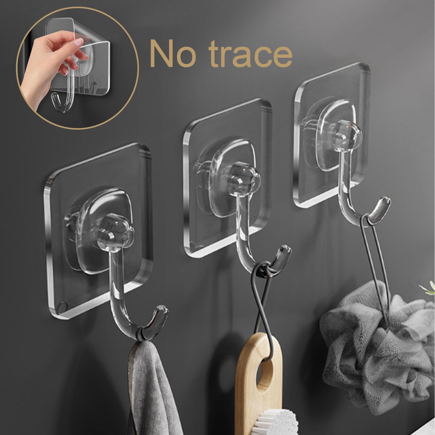 TocTen Adhesive Hook, 8 Pack Hold 30lb(Max) Heavy Duty Sticky Hooks, Damage Free Self-Adhesive Traceless Clear Wall Hooks, Waterproof and Rustproof Shower Towel Hook for Bathroom Kitchen Office