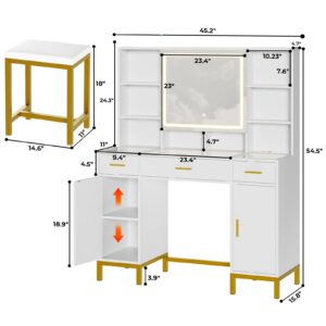 Vanity Desk with Openable Mirror and Lights, Glass Tabletop Makeup Vanity Set with Charging Station, White Vanity Table with 3 Drawers & 2 Cabinets, DIY Drawer Dividers, Hidden Hooks