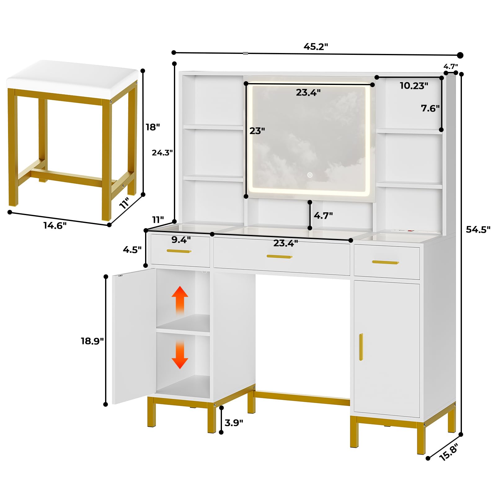 Vanity Desk with Openable Mirror and Lights, Glass Tabletop Makeup Vanity Set with Charging Station, White Vanity Table with 3 Drawers & 2 Cabinets, DIY Drawer Dividers, Hidden Hooks