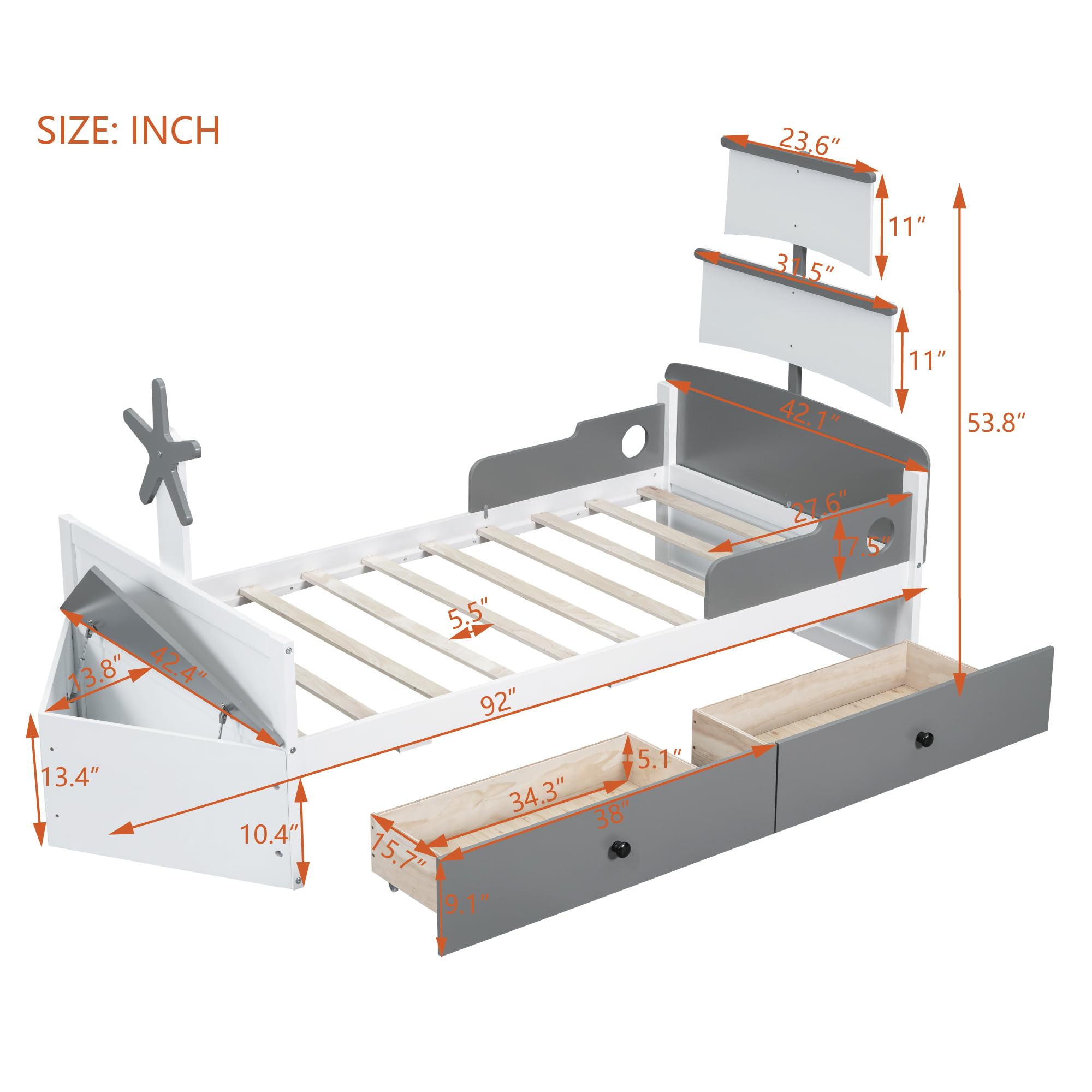 Merax Kids Cute Boat-Shaped Platform Beds Frame with Drawers, Wood Low Daybed with Ottoman for Boys,Girls, No Box Spring Need (Twin, White+Gray)