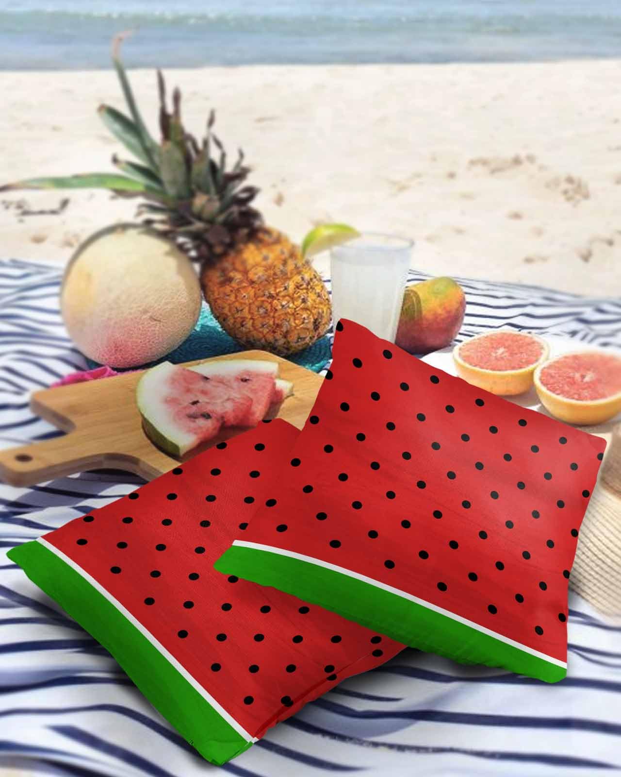 Lsrtoss Watermelon Outdoor Waterproof Pillow Covers, Black Polka Dots Green Summer Fruits Decorative Square Throw Pillowcase Sofa Cushion Sham for Patio/Couch/Chair, 18""x18"" 2 Pack, Summersrs49779