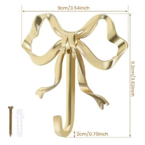 2 Pcs Bow Hook Towel Robe Hook, Decorative Bowknot Hanger Gold Towel Hook Multi-Purpose Bow Shaped Hat Hooks Brass Wall Hook Wall Hanging Towel Hook for Bathroom Bedroom Bathrobe, 3.6 x 3.5 x 0.8 in