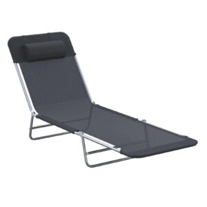 MEZHI Outdoor Lounge Chair with Reclining Backrest and Pillow, Folding Sun Chair (Black)