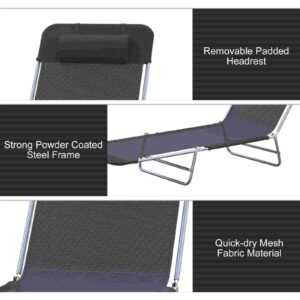 MEZHI Outdoor Lounge Chair with Reclining Backrest and Pillow, Folding Sun Chair (Black)