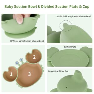 Silicone Baby Feeding Set with BPA-Free Suction Plates, Bowl, Silicone Bibs, Sippy Cup, 2 Set Forks and Spoons for Babies 8PCS Baby Led Weaning Supplies Self Feeding Utensils for Toddlers Kids (Green)