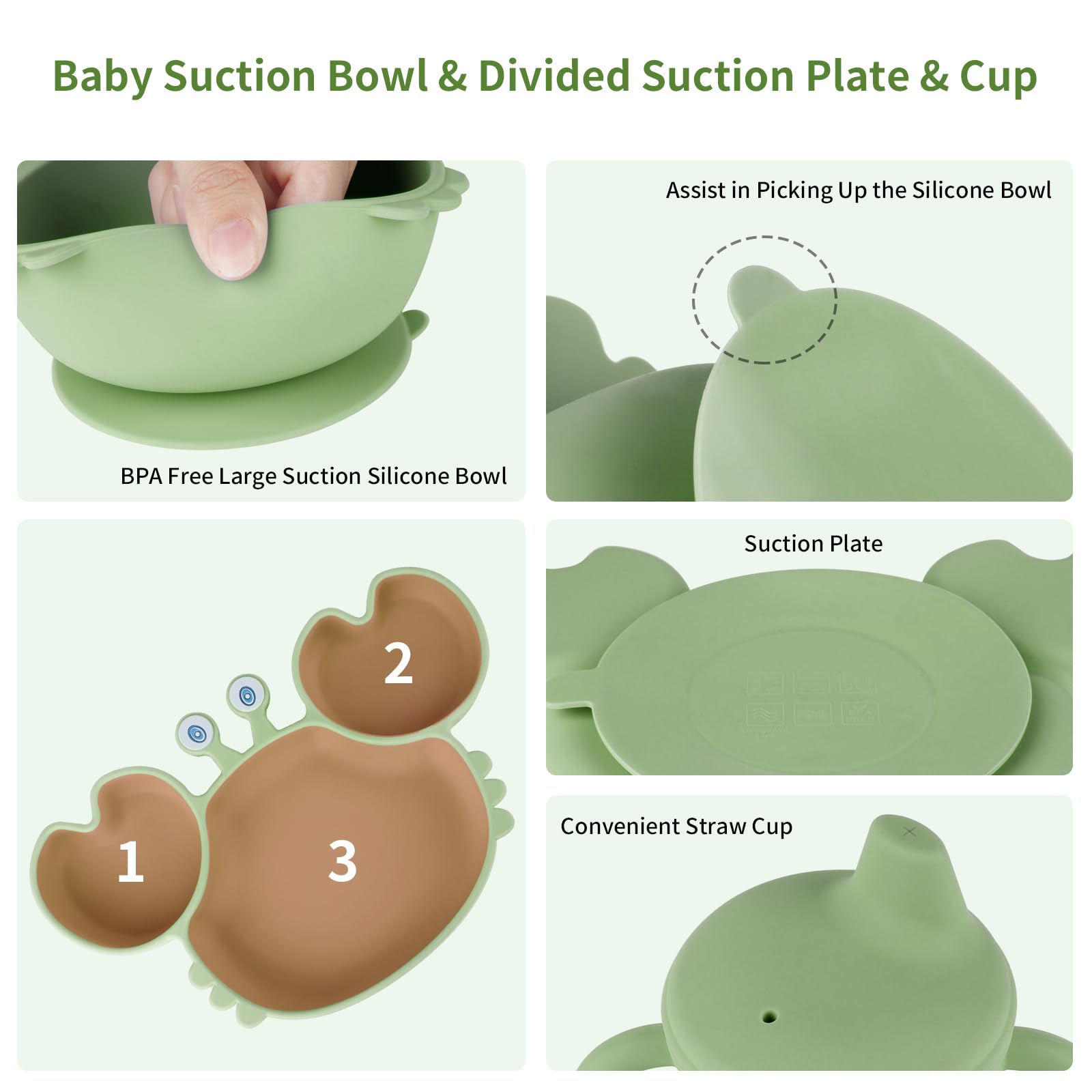 Silicone Baby Feeding Set with BPA-Free Suction Plates, Bowl, Silicone Bibs, Sippy Cup, 2 Set Forks and Spoons for Babies 8PCS Baby Led Weaning Supplies Self Feeding Utensils for Toddlers Kids (Green)