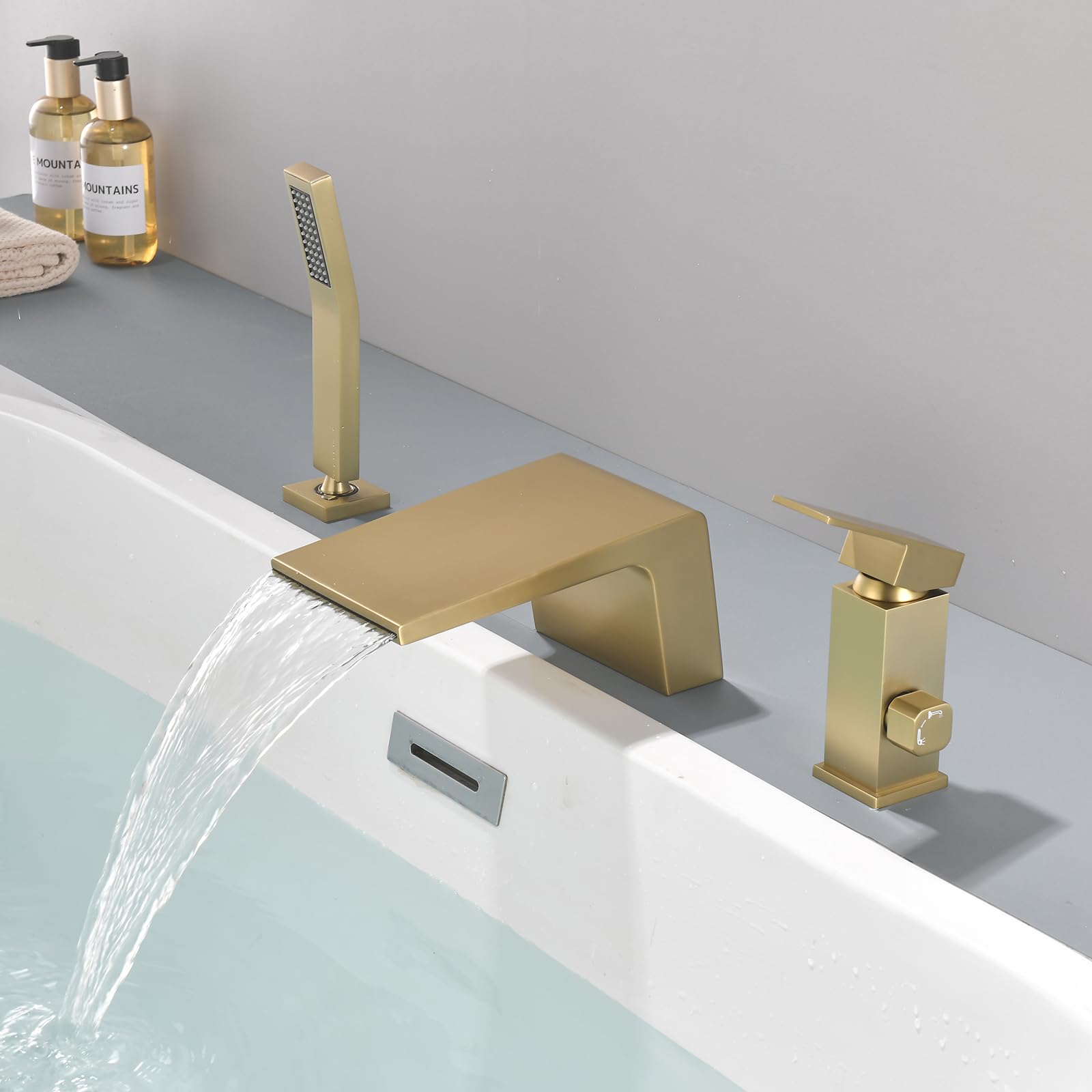 Waterfall Roman Tub Faucet with Hand Shower Deck Mount Bathtub Faucet with Hand Shower Widespread Bathtub Faucets Set Bathtub Shower Faucet Set Brushed Gold - 1725BG