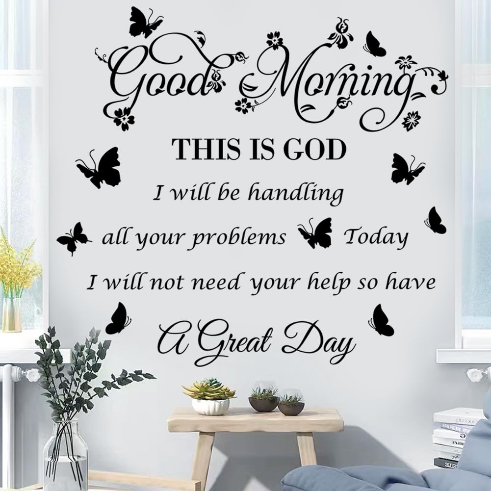 Bible Verse Wall Stickers Inspirational Quote Good Morning This is God Wall Decals Religious Wall Stickers Flower Butterfly Wall Decal for Bedroom, Living Room Office Bathroom Wall Decoration.