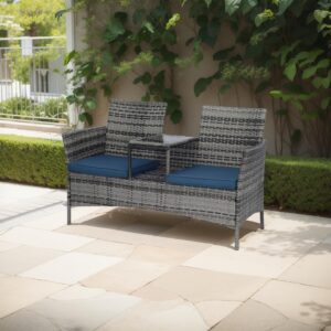 Outdoor Patio Rattan Loveseat with Cushions and Integrated Coffee Table - Weather Resistant 2 Seat Perfect for Garden, Lawn, and Backyard Leisure(Grey-Blue)