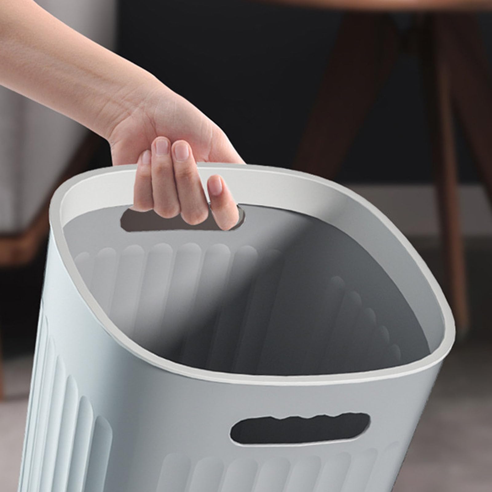 Garbage Bin Trash Wastebasket Small Trash Can Wastebasket Large Capacity Vertical Stripes Portable Handle Uncovered PP Trash Bin Wastebasket for Kitchen Living(Large 43x43cm/16.92x16.92in-Quiet Grey)