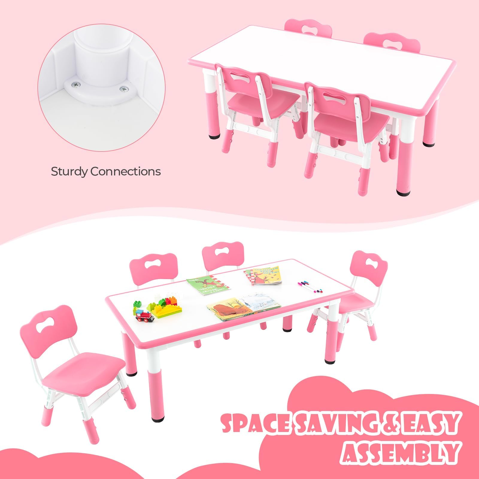 HONEY JOY Kids Table and Chair Set, Height Adjustable Children Activity Table and 4 Chairs Set w/Erasable Graffiti Desktop, Toddler Table and Chair Set for Daycare, Classroom, Home (Pink)