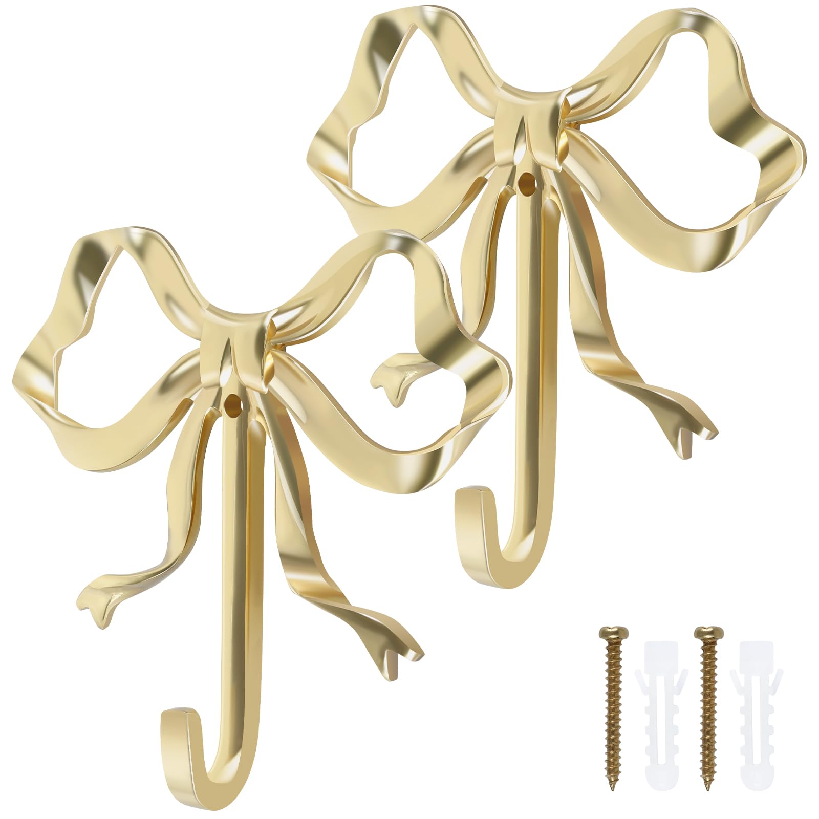 2 Pcs Bow Hook Towel Robe Hook, Decorative Bowknot Hanger Gold Towel Hook Multi-Purpose Bow Shaped Hat Hooks Brass Wall Hook Wall Hanging Towel Hook for Bathroom Bedroom Bathrobe, 3.6 x 3.5 x 0.8 in