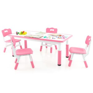 honey joy kids table and chair set, height adjustable children activity table and 4 chairs set w/erasable graffiti desktop, toddler table and chair set for daycare, classroom, home (pink)