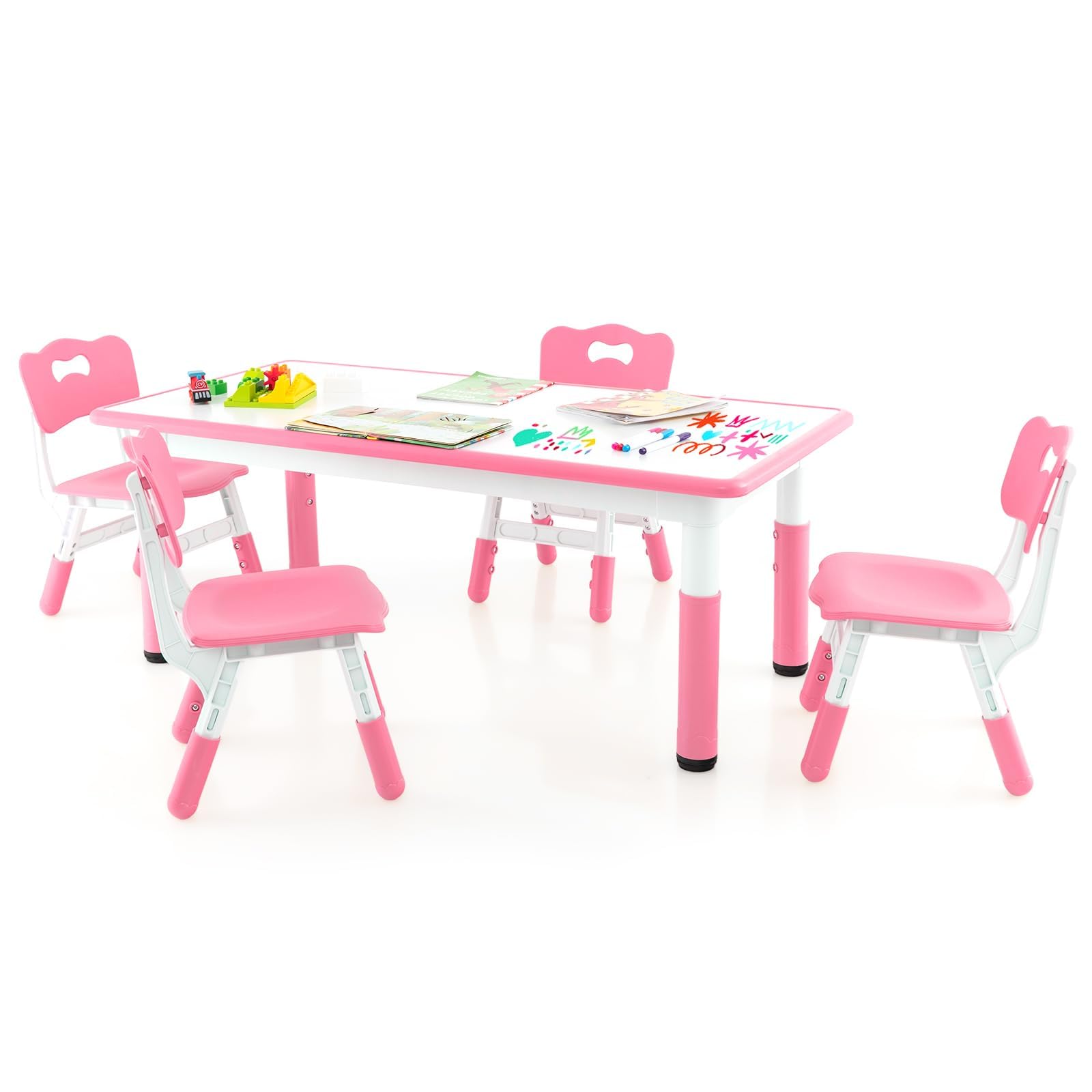 HONEY JOY Kids Table and Chair Set, Height Adjustable Children Activity Table and 4 Chairs Set w/Erasable Graffiti Desktop, Toddler Table and Chair Set for Daycare, Classroom, Home (Pink)