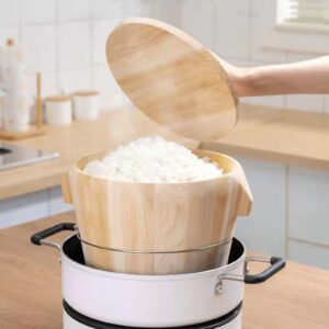 Wooden bucket steamer,cooking rice in wooden barrel, suitable for home and commercial use. Ideal for steaming sticky rice, rice, and steamed buns (30CM)