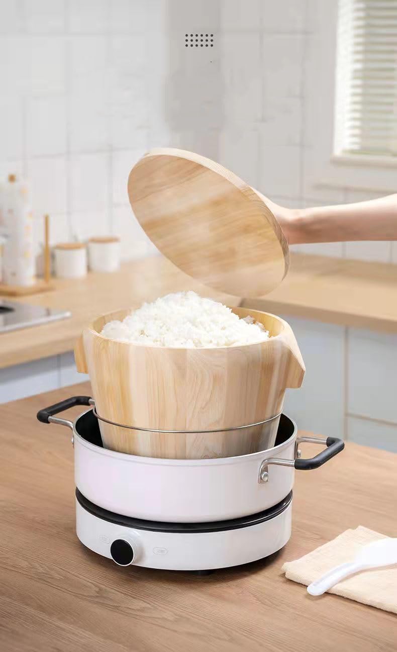 Wooden bucket steamer,cooking rice in wooden barrel, suitable for home and commercial use. Ideal for steaming sticky rice, rice, and steamed buns (30CM)