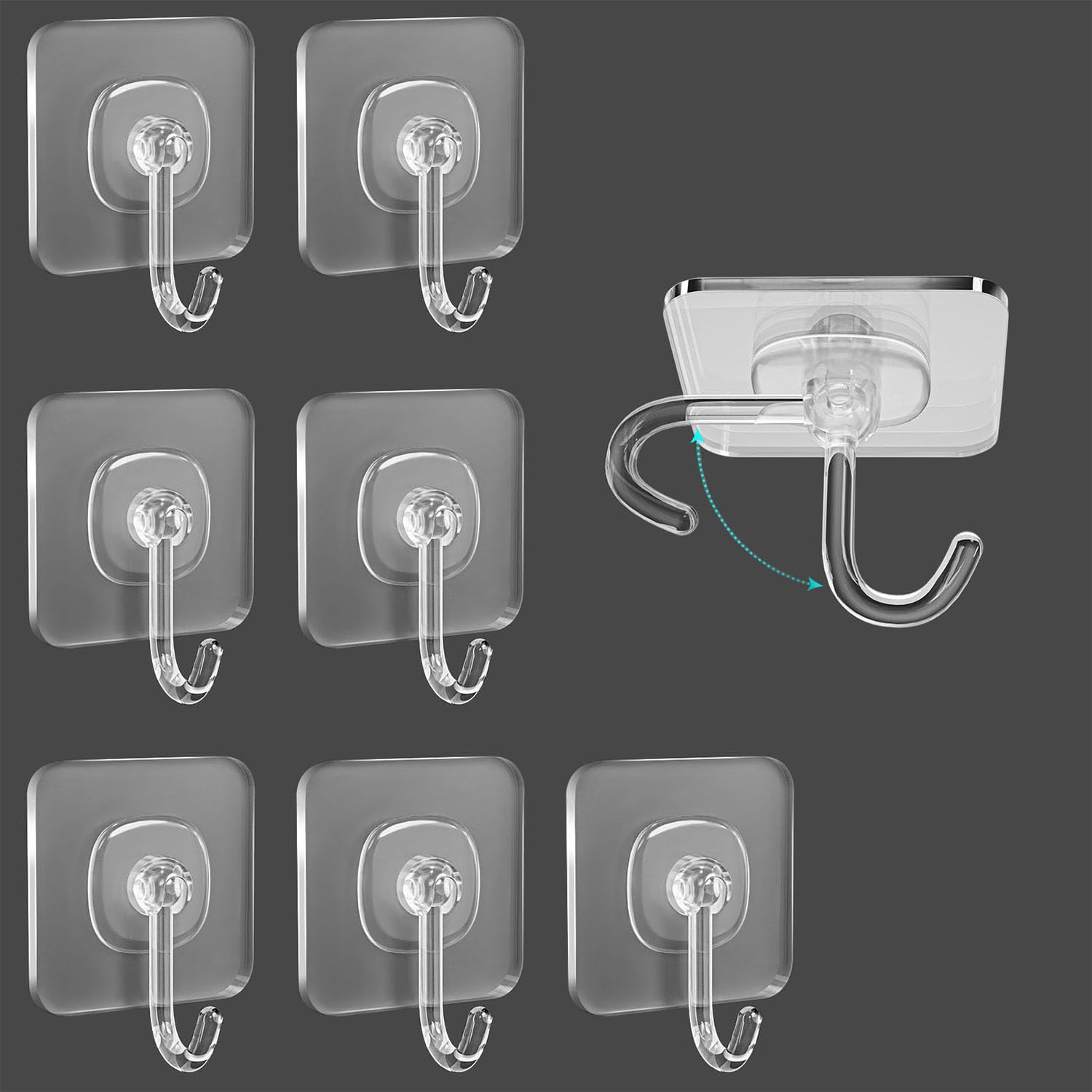 TocTen Adhesive Hook, 8 Pack Hold 30lb(Max) Heavy Duty Sticky Hooks, Damage Free Self-Adhesive Traceless Clear Wall Hooks, Waterproof and Rustproof Shower Towel Hook for Bathroom Kitchen Office