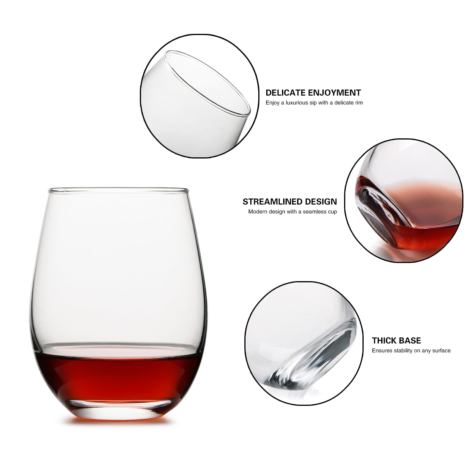 OUWO Stemless Wine Glasses Set of 4, 18 Ounces Red & White Wine Glasses for Party, Lead-free, Ideal Wine Accessories Gift (Clear)