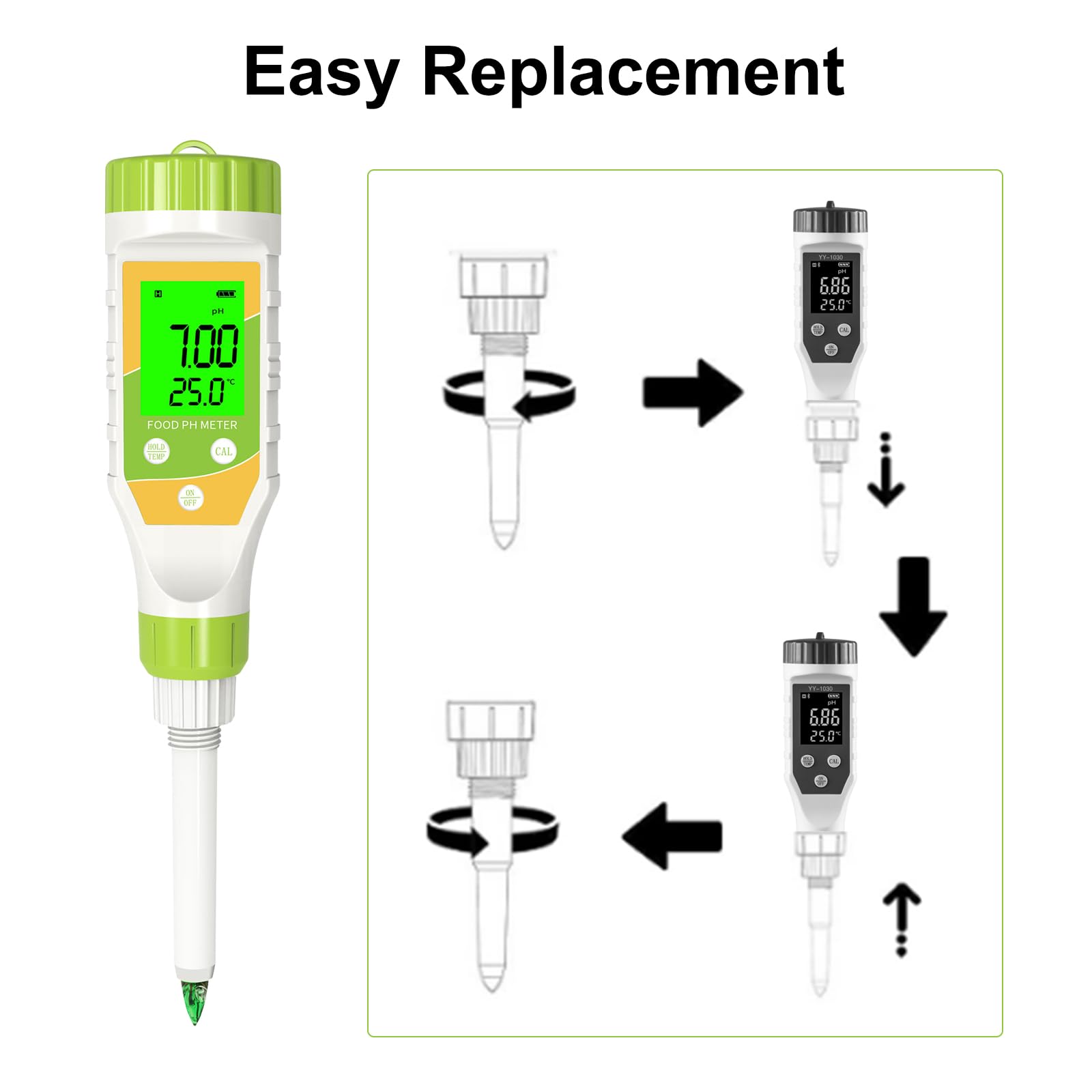 GISNPA Digital Food pH Meter Spear Probe, 0.01 Resolution High Accuracy Food pH Tester Electrode, Replaceable Probe Electrode for Solid and Liquid Soft Soil Sample, YY-2030P