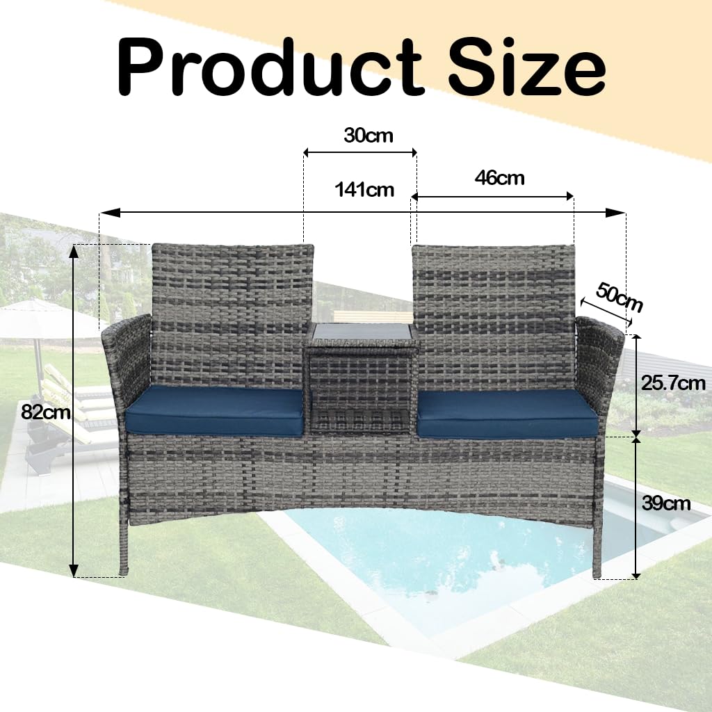 Outdoor Patio Rattan Loveseat with Cushions and Integrated Coffee Table - Weather Resistant 2 Seat Perfect for Garden, Lawn, and Backyard Leisure(Grey-Blue)