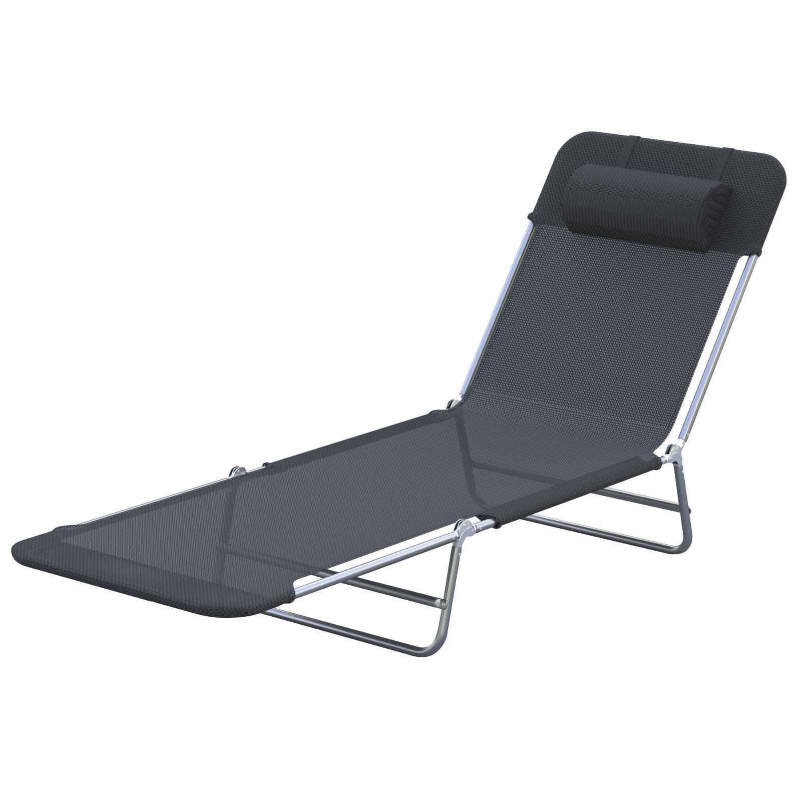 MEZHI Outdoor Lounge Chair with Reclining Backrest and Pillow, Folding Sun Chair (Black)