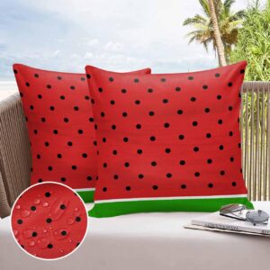 Lsrtoss Watermelon Outdoor Waterproof Pillow Covers, Black Polka Dots Green Summer Fruits Decorative Square Throw Pillowcase Sofa Cushion Sham for Patio/Couch/Chair, 18""x18"" 2 Pack, Summersrs49779