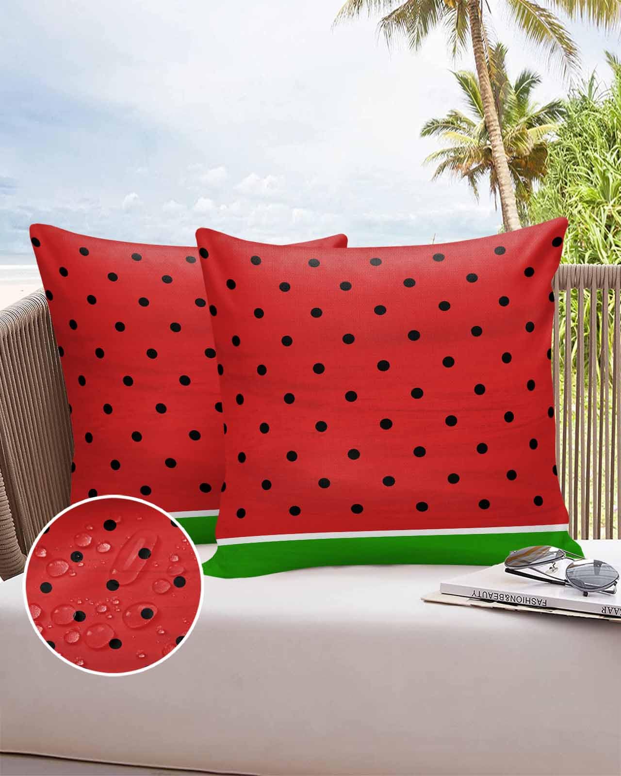 Lsrtoss Watermelon Outdoor Waterproof Pillow Covers, Black Polka Dots Green Summer Fruits Decorative Square Throw Pillowcase Sofa Cushion Sham for Patio/Couch/Chair, 18""x18"" 2 Pack, Summersrs49779